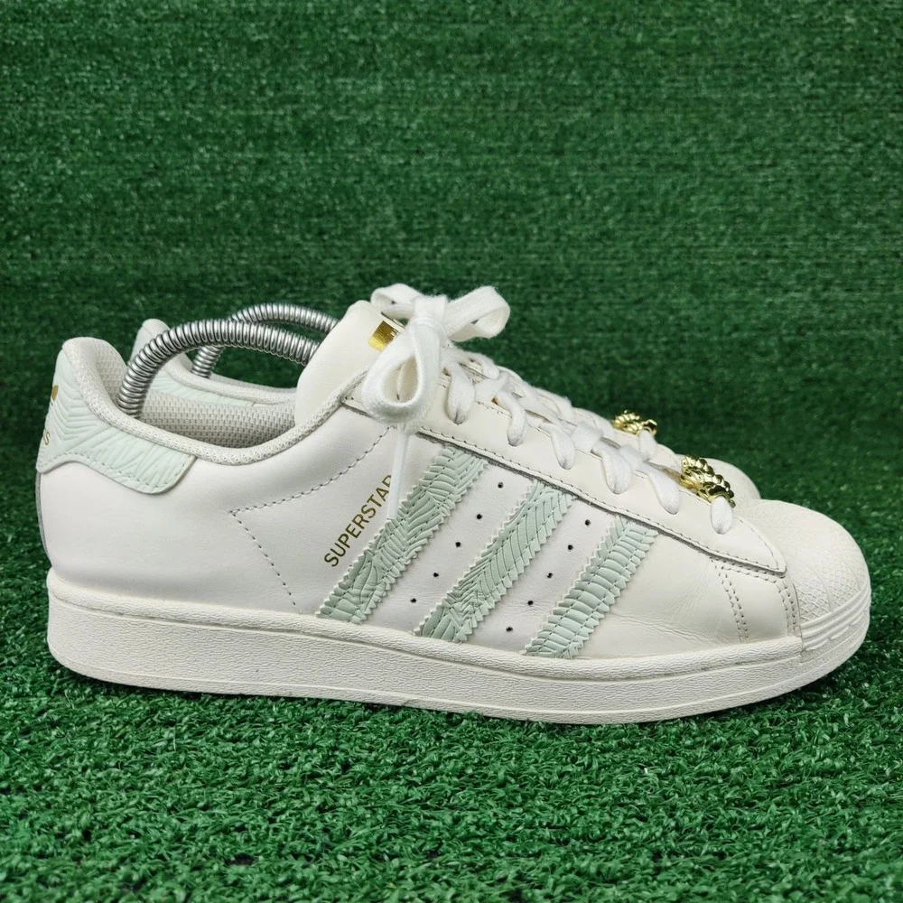 Adidas Sneakers Womens 9.5 White‎ Superstar HQ6963 Mint Green Gold Lace Jewels